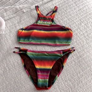 PilyQ Barcelona multi color stripe tribal high neck bikini